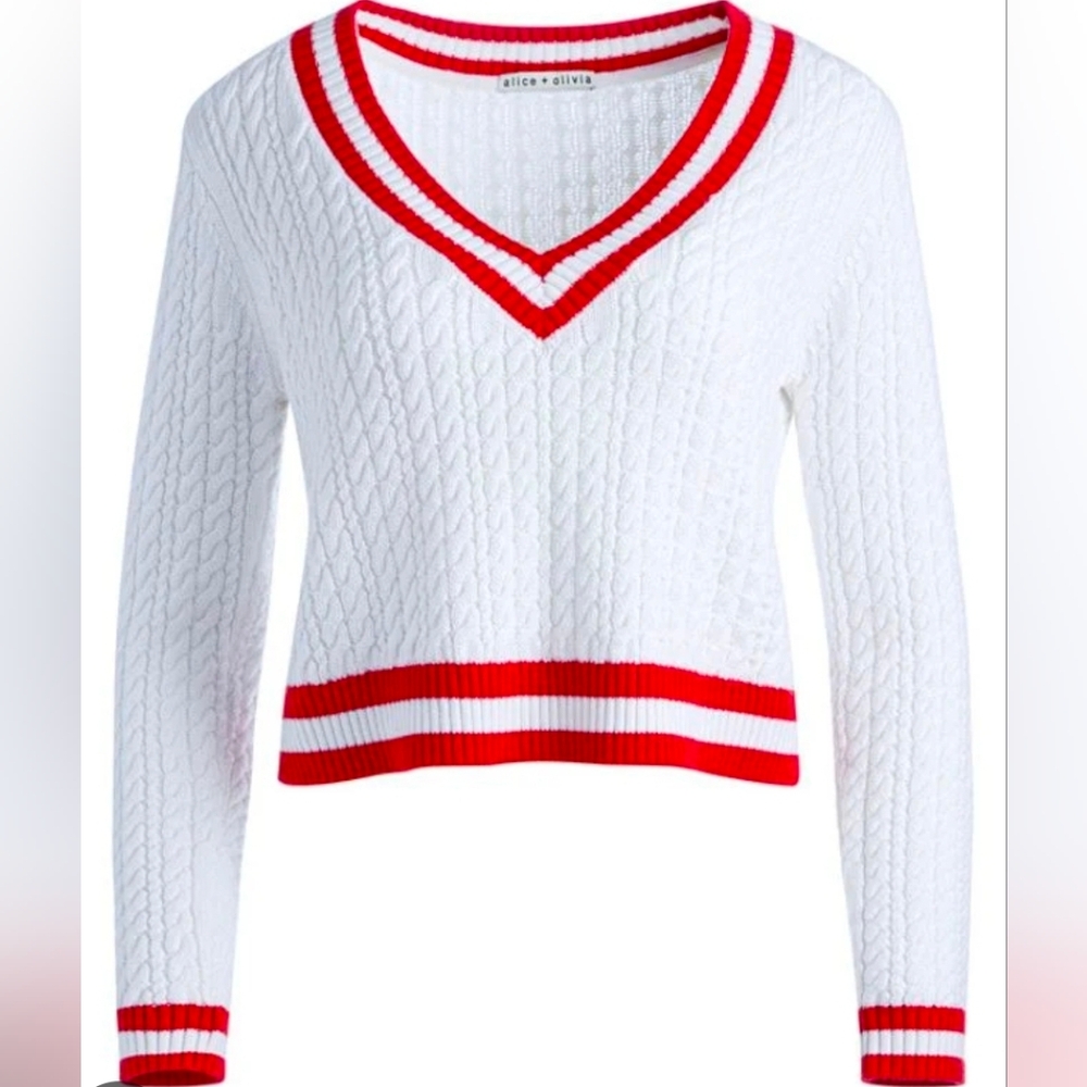 Alice + Olivia White and Red V-Neck Sweater